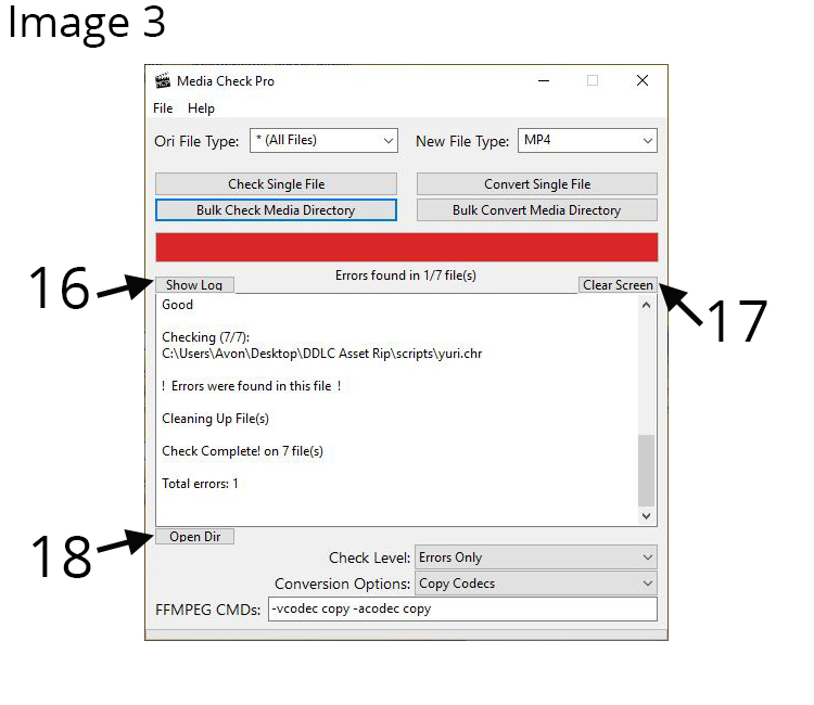 Labeled Screenshot of Media Check Pro after failing